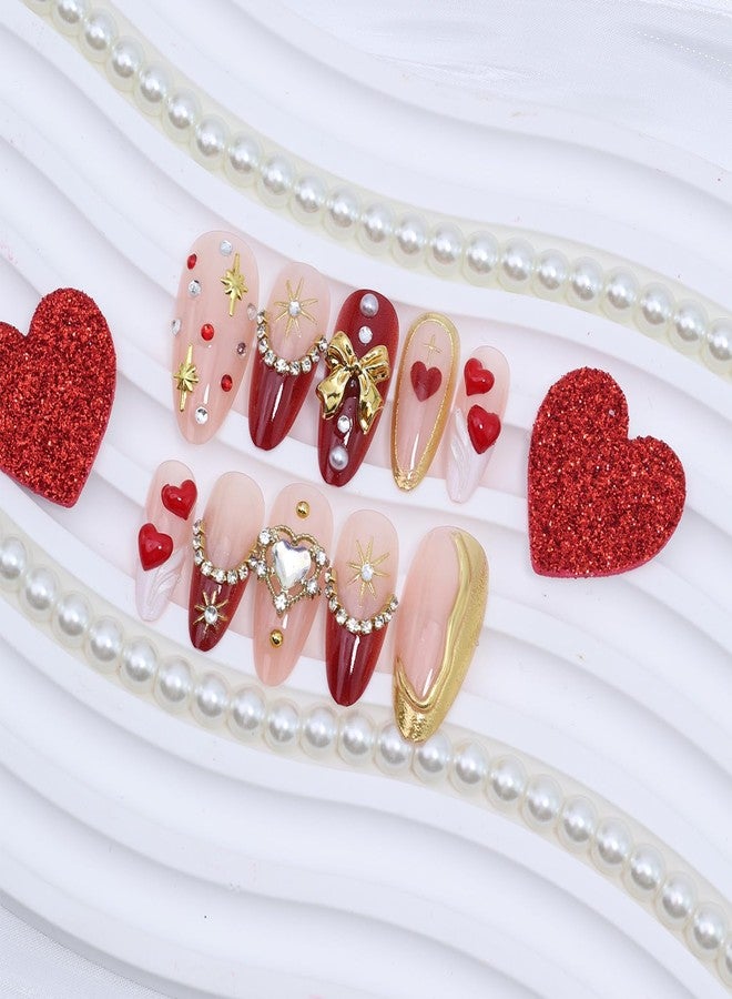 KRTBKR 24Pcs Valentines Day Press on Nails Medium Almond Red French Tip Fake Nails Gold Bow Star with Rhinestones Bling Full Cover Glue on Nails 3D Heart False Nails Valentines Stick on Nail for Women - Image 5